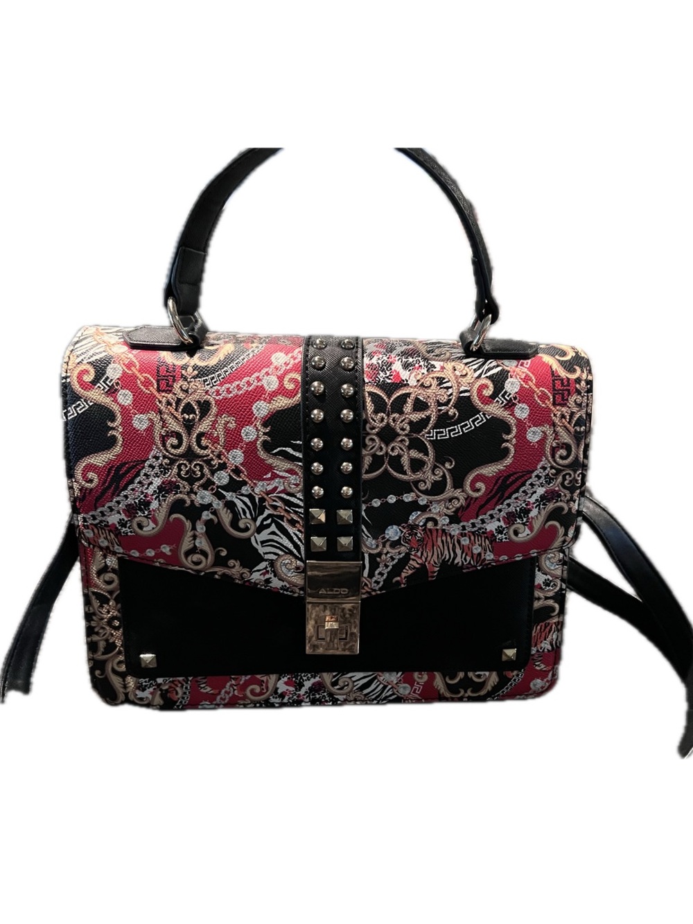 Aldo Red and Black Printed Top-Handle Satchel with Studded Center Strap